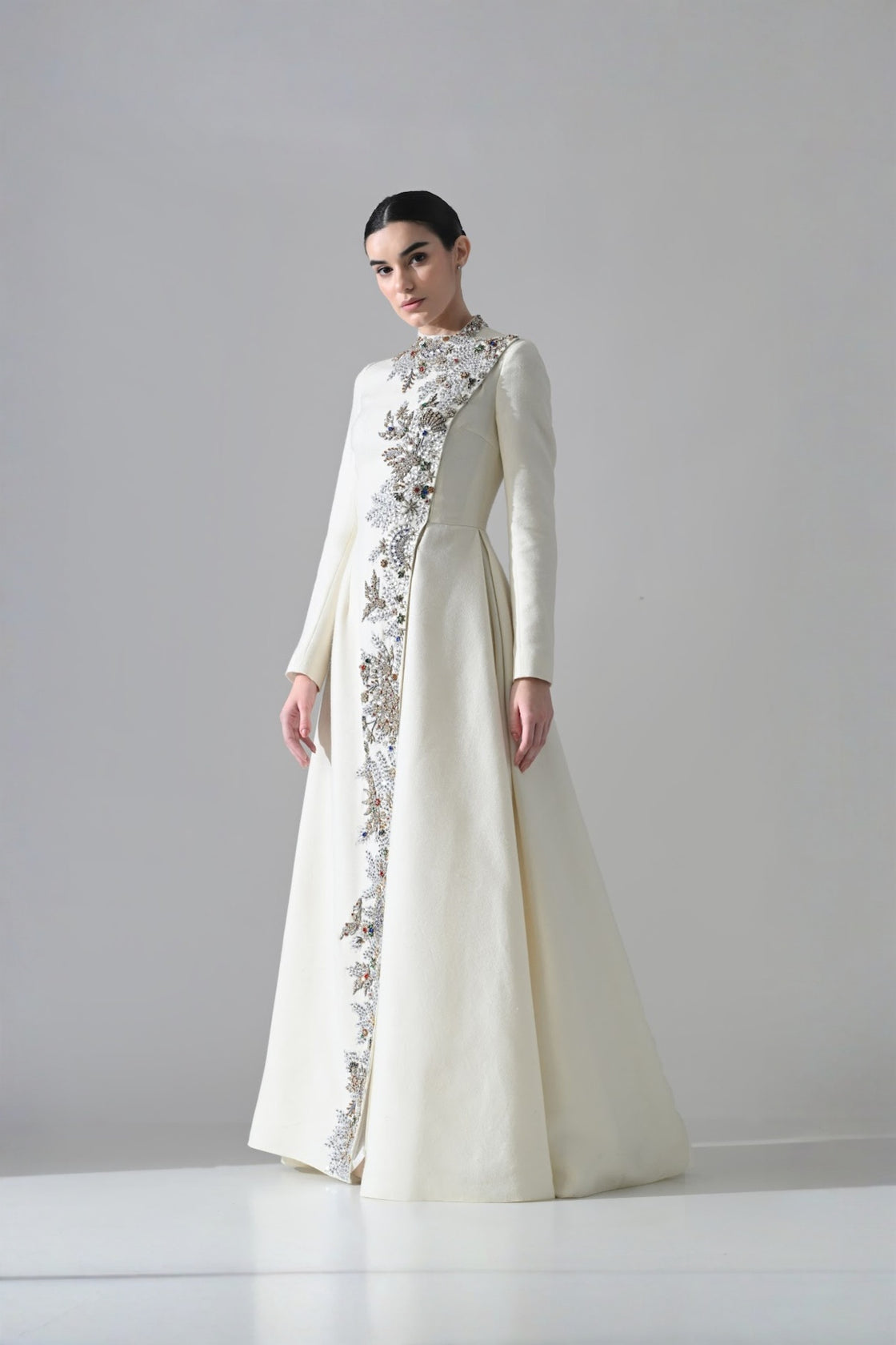 Ivory A-Line Dress With Vertical Hand Embellishment