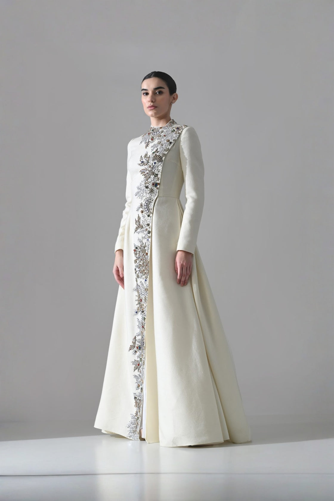 Ivory A-Line Dress With Vertical Hand Embellishment
