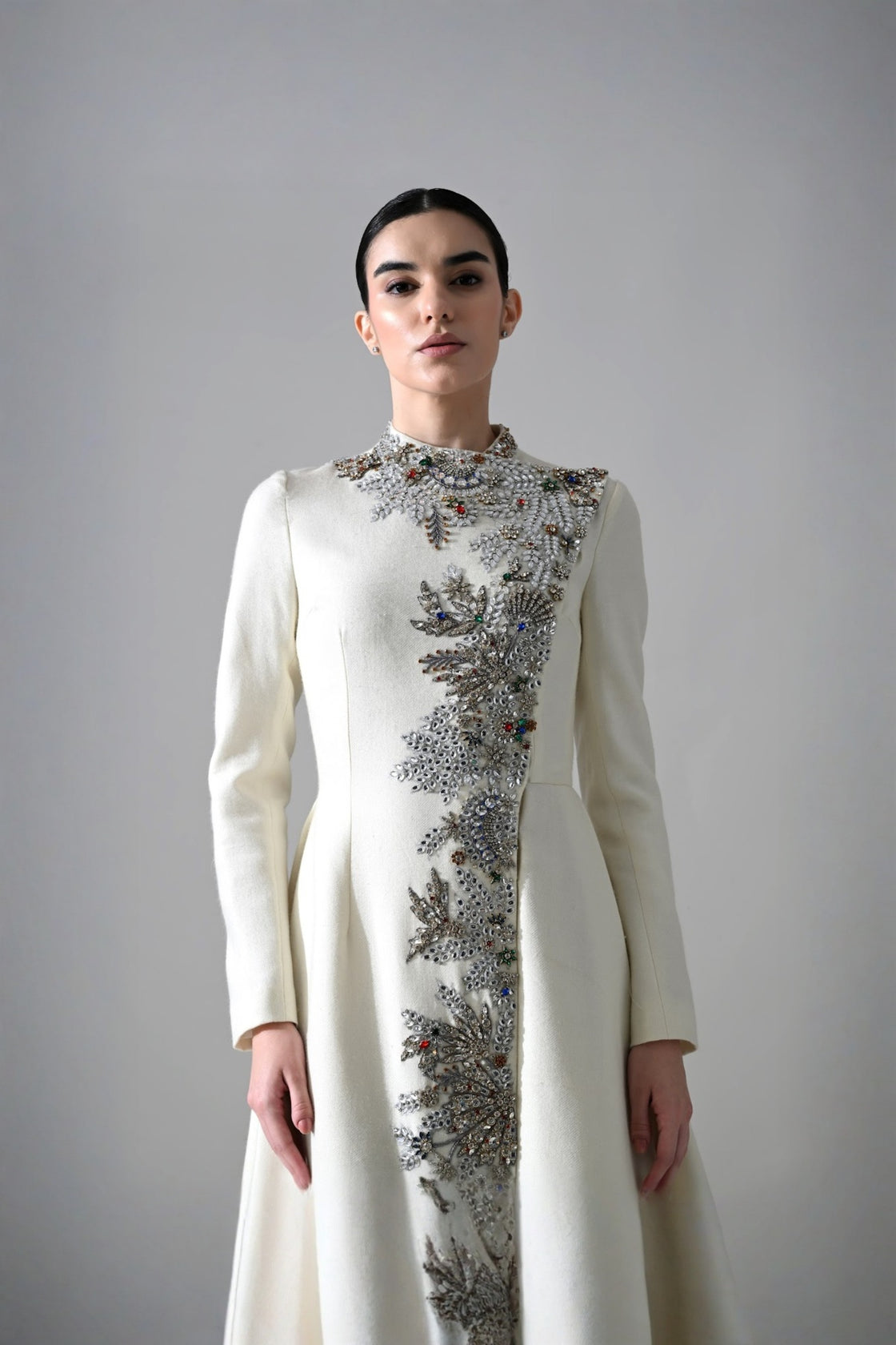 Ivory A-Line Dress With Vertical Hand Embellishment