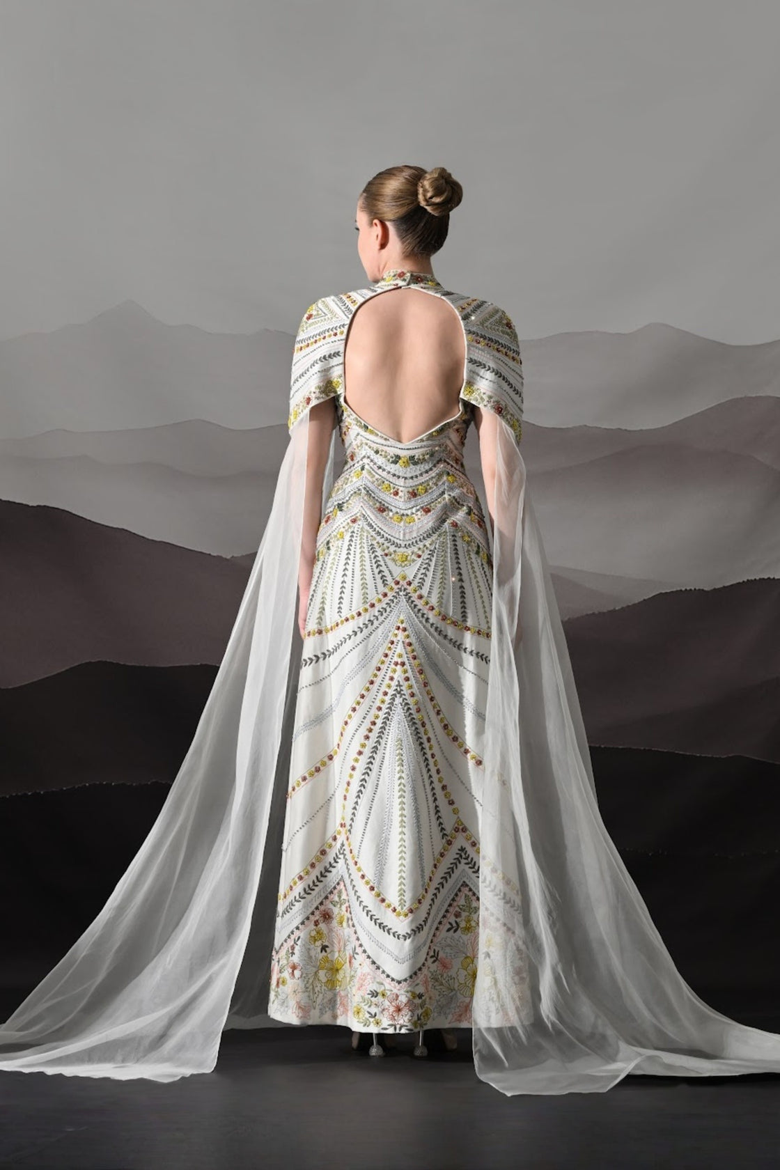 Ivory Hand-Embroidered Gown With Draped Tulle Overlay