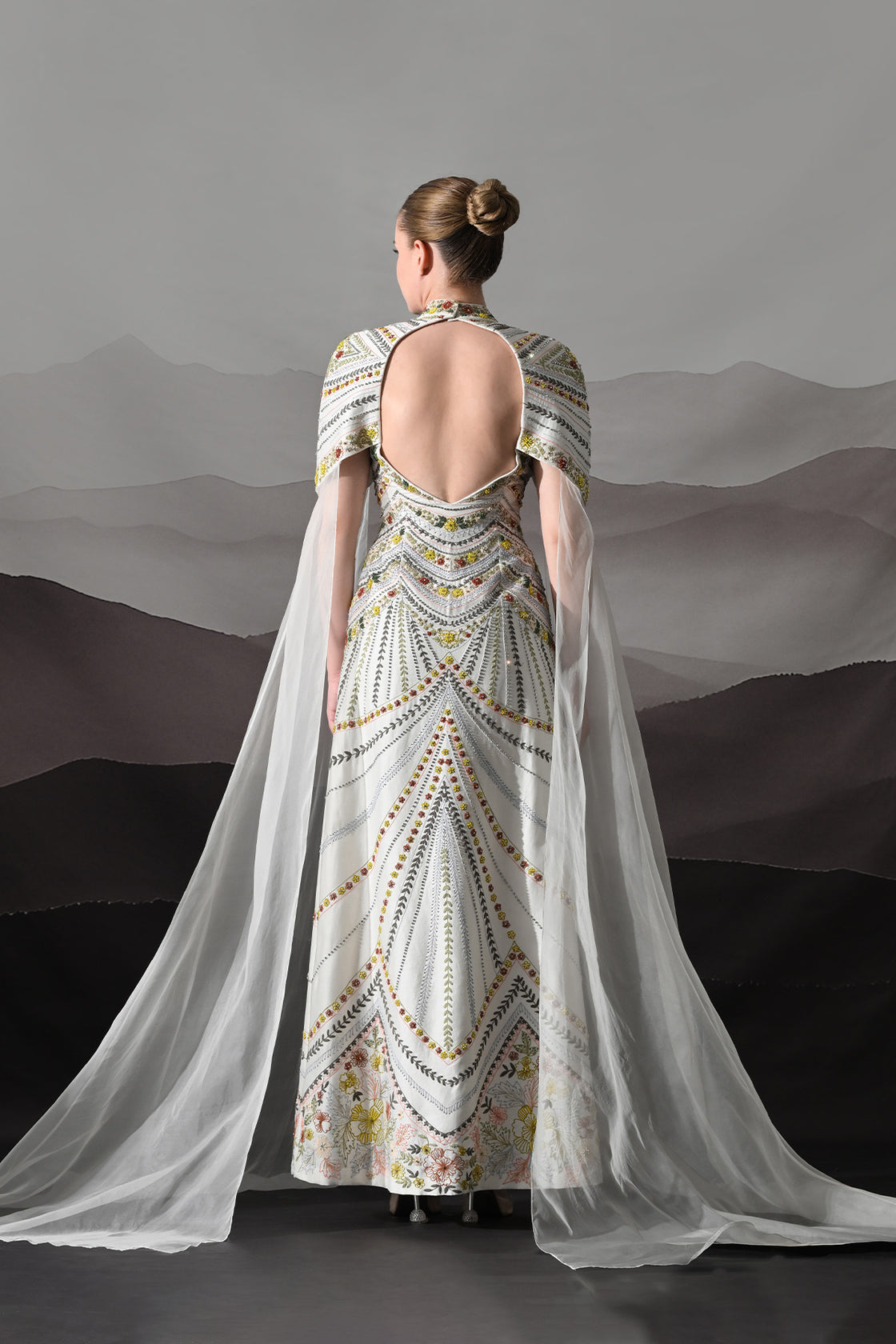 Ivory Hand-Embroidered Gown With Draped Tulle Overlay