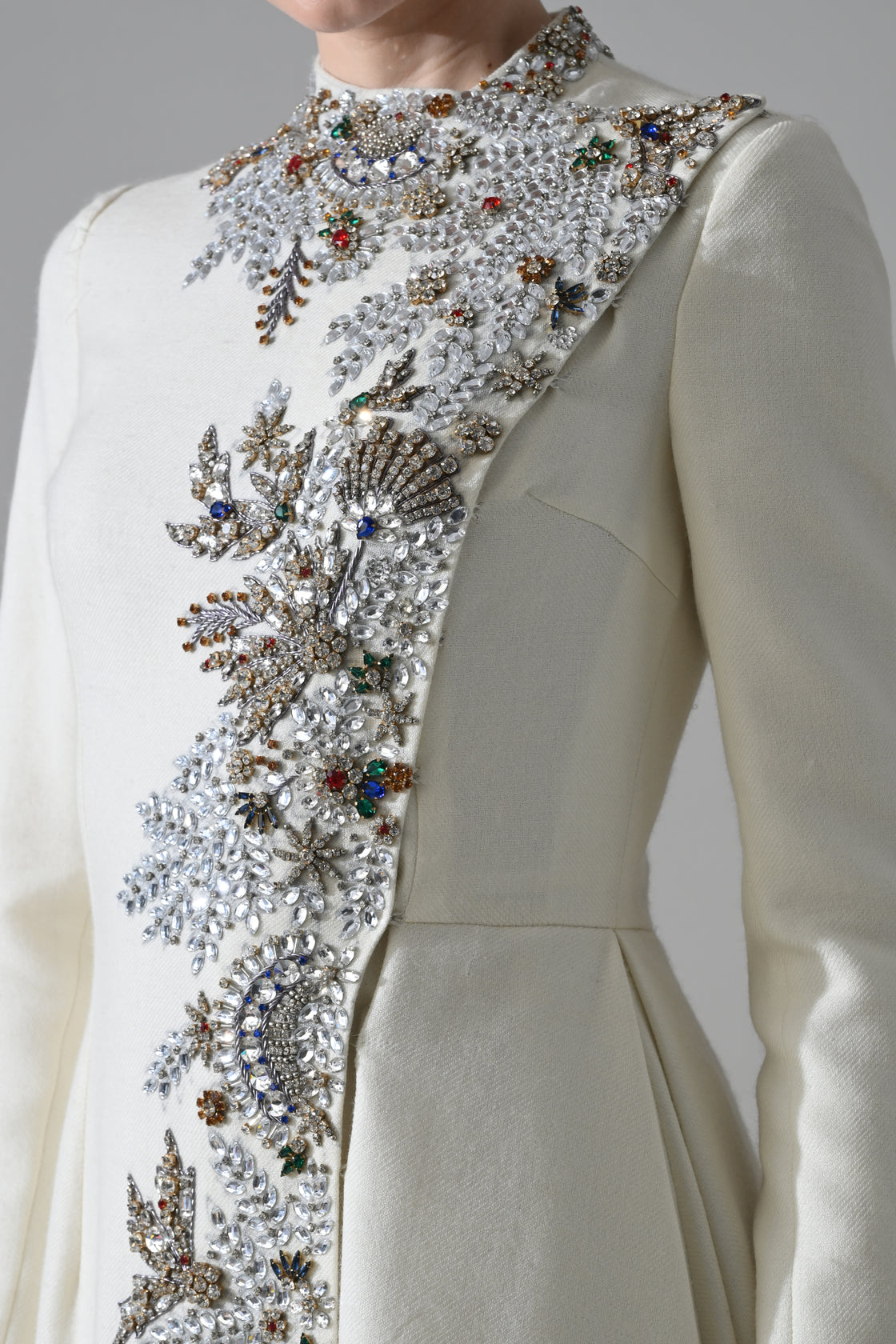 Ivory Longline Coat Gown with Vertical Hand Embellishment