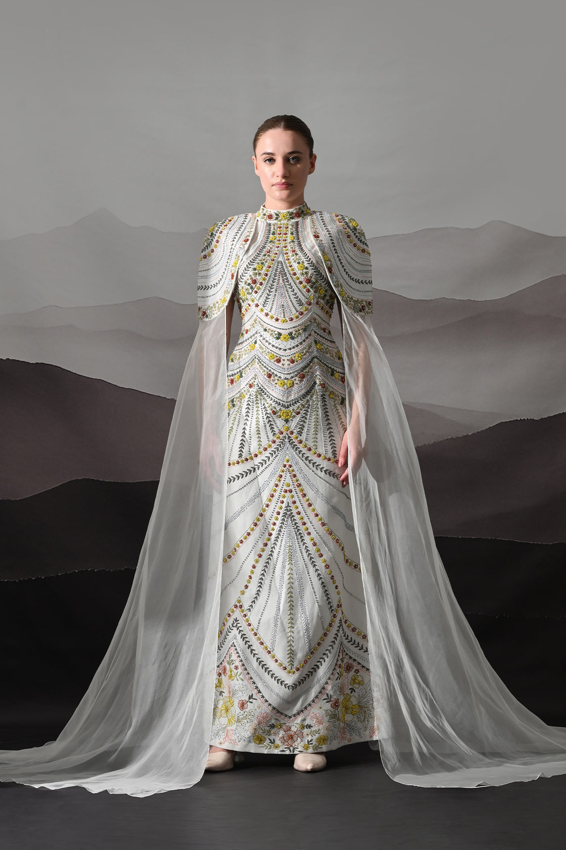Ivory Hand-Embroidered Gown With Draped Tulle Overlay