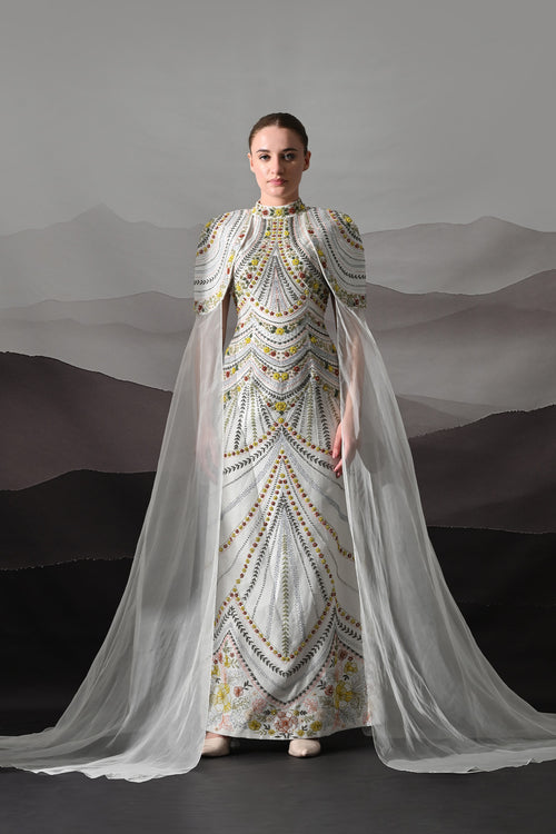 Ivory Hand-Embroidered Gown With Draped Tulle Overlay
