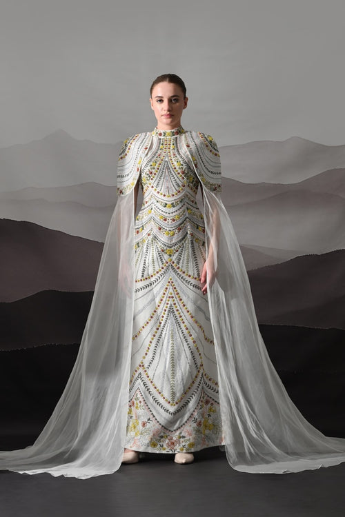 Ivory Hand-Embroidered Gown With Draped Tulle Overlay