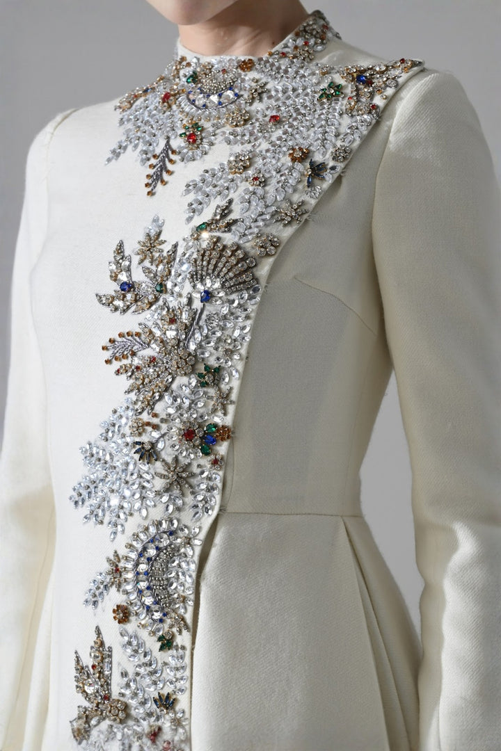 Ivory A-Line Dress With Vertical Hand Embellishment