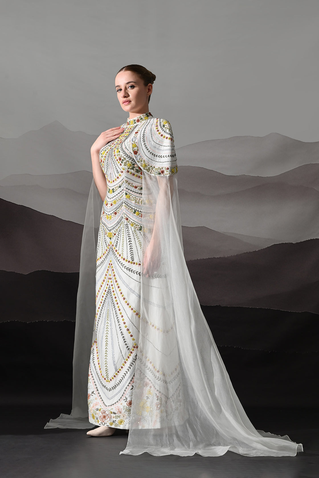 Ivory Hand-Embroidered Gown With Draped Tulle Overlay
