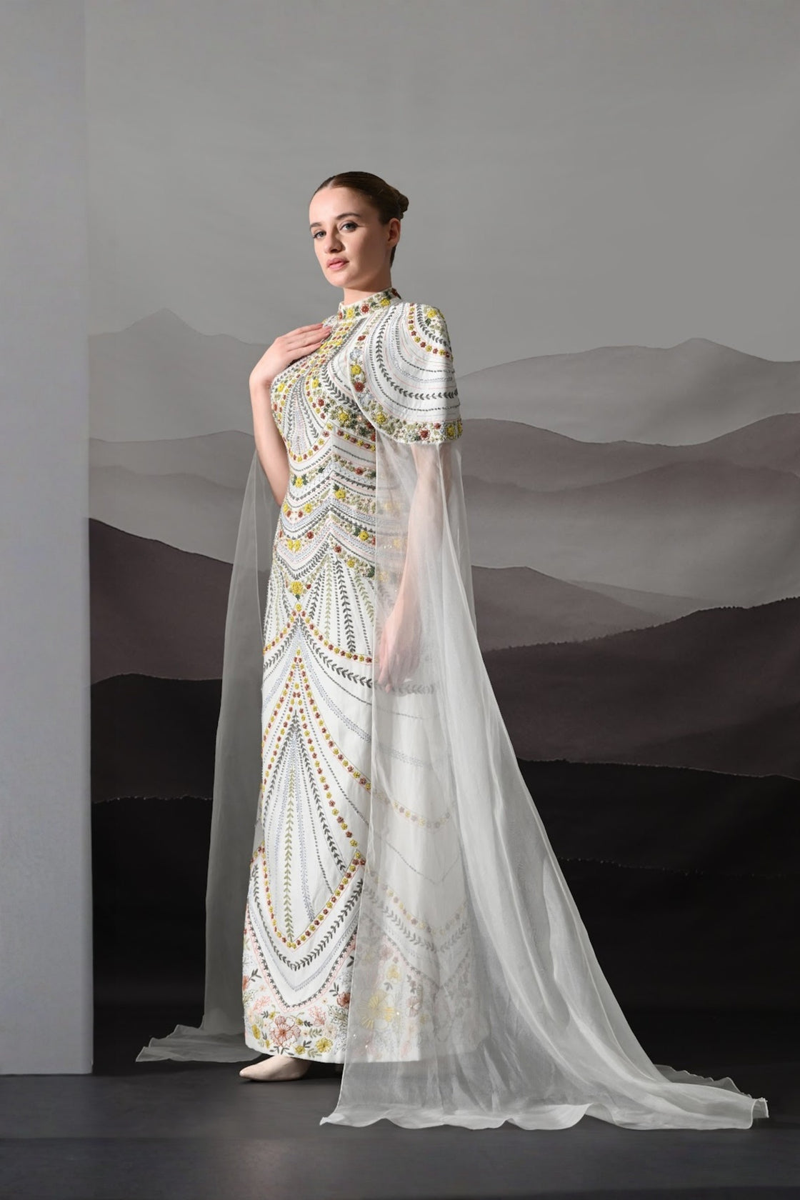 Ivory Hand-Embroidered Gown With Draped Tulle Overlay