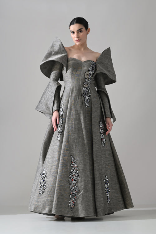 Grey Gown with Embellished Panels and Architectural Sleeves