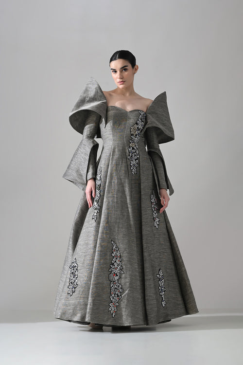 Grey Gown With Embellished Panels And Structured Sleeves Detail