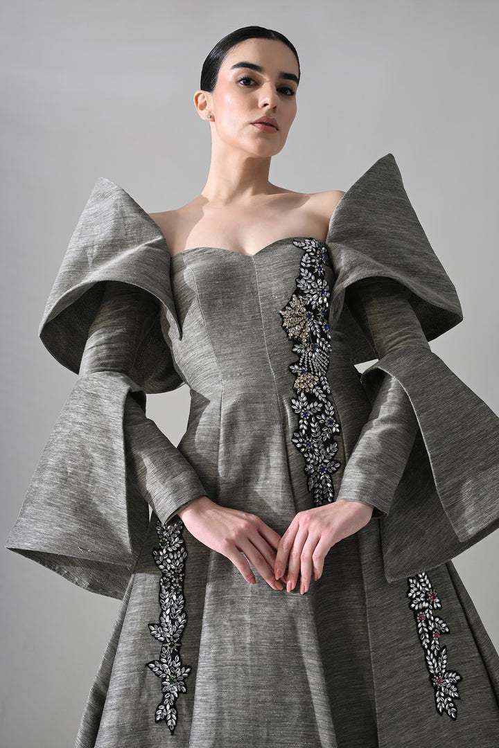 Grey Gown With Embellished Panels And Structured Sleeves Detail