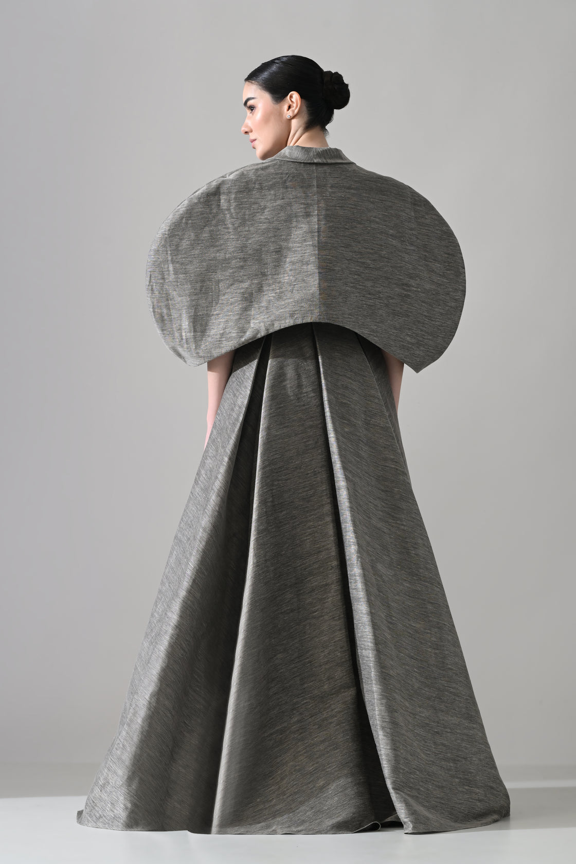 Grey Gown with Cocooned Sleeves and Hand-Embroidered Motif