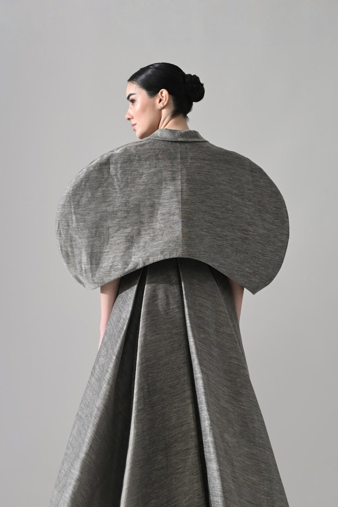 Grey Gown With Cocooned Sleeves And Hand-Embroidered Detail