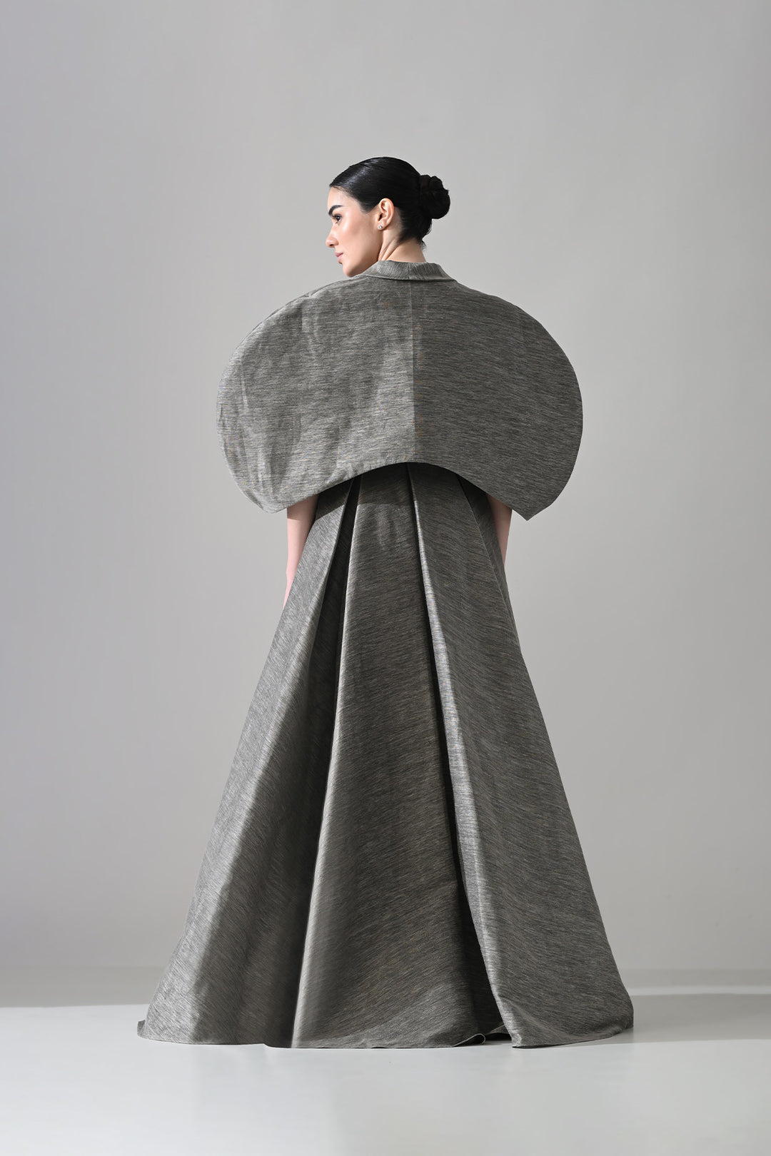 Grey Gown With Cocooned Sleeves And Hand-Embroidered Detail