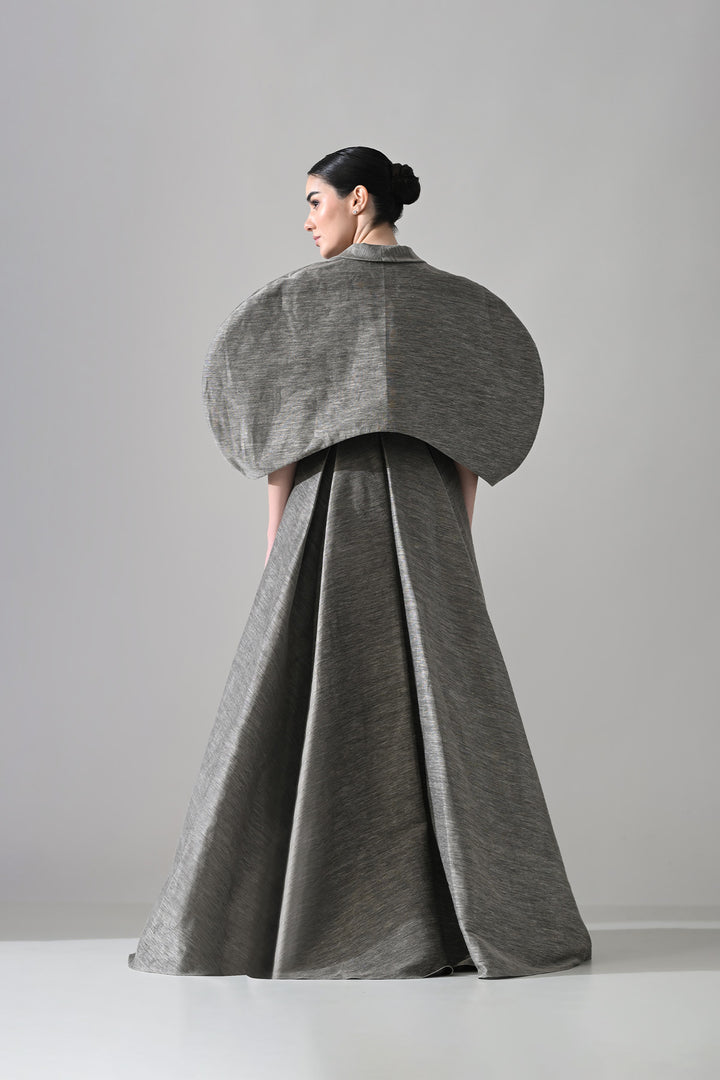 Grey Gown With Cocooned Sleeves And Hand-Embroidered Detail