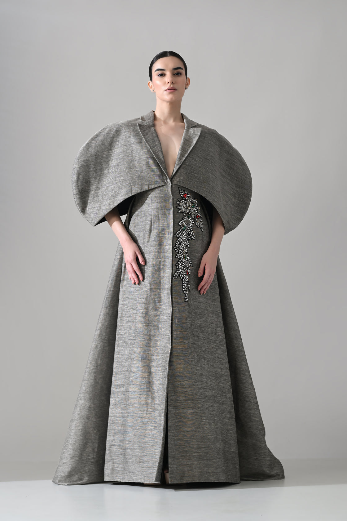 Grey Gown with Cocooned Sleeves and Hand-Embroidered Motif