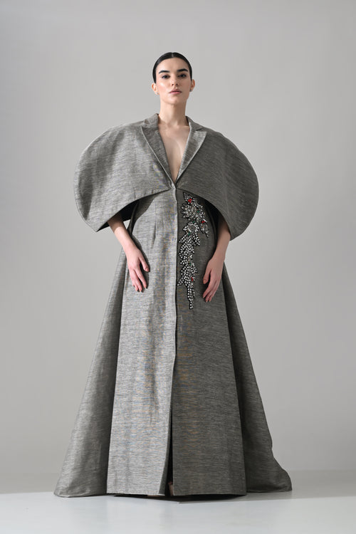 Grey Gown with Cocooned Sleeves and Hand-Embroidered Motif