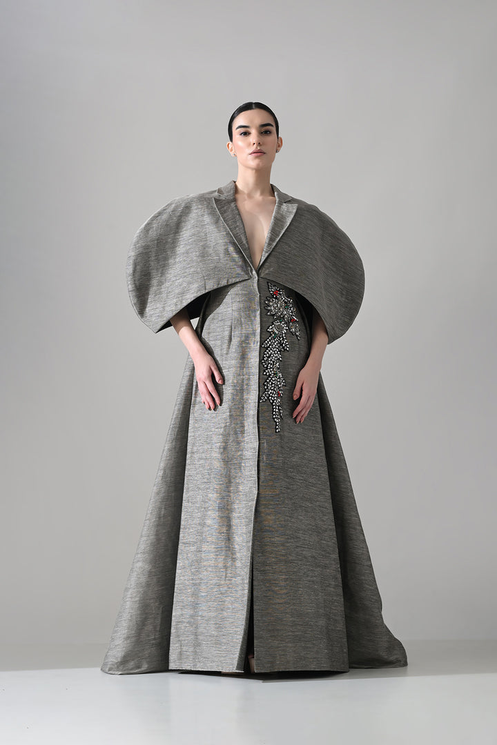 Grey Gown With Cocooned Sleeves And Hand-Embroidered Detail