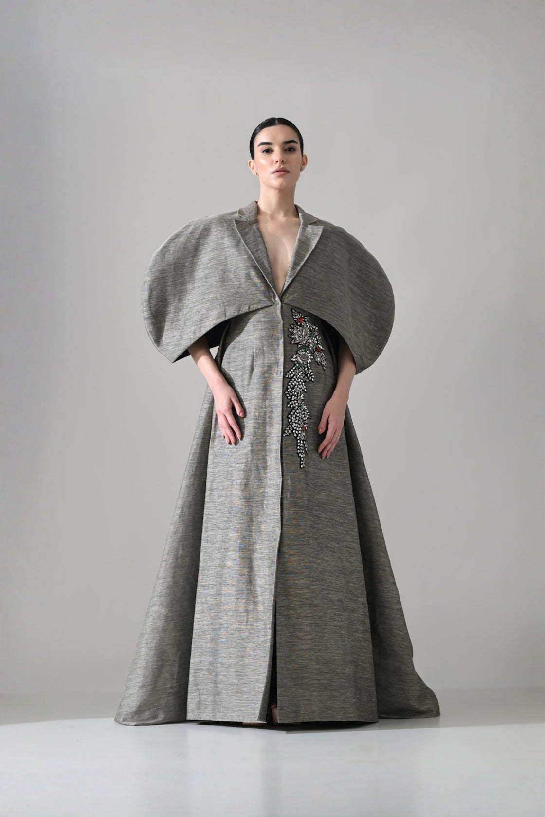 Grey Gown With Cocooned Sleeves And Hand-Embroidered Detail