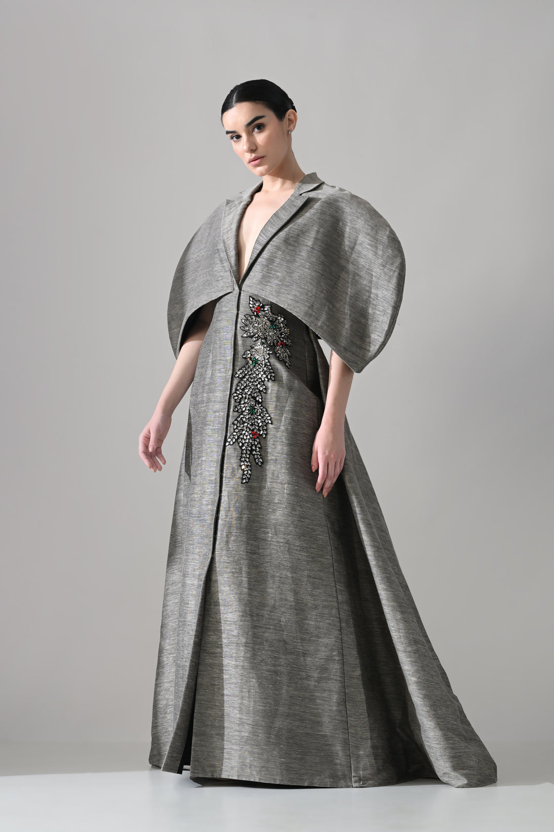 Grey Gown with Cocooned Sleeves and Hand-Embroidered Motif