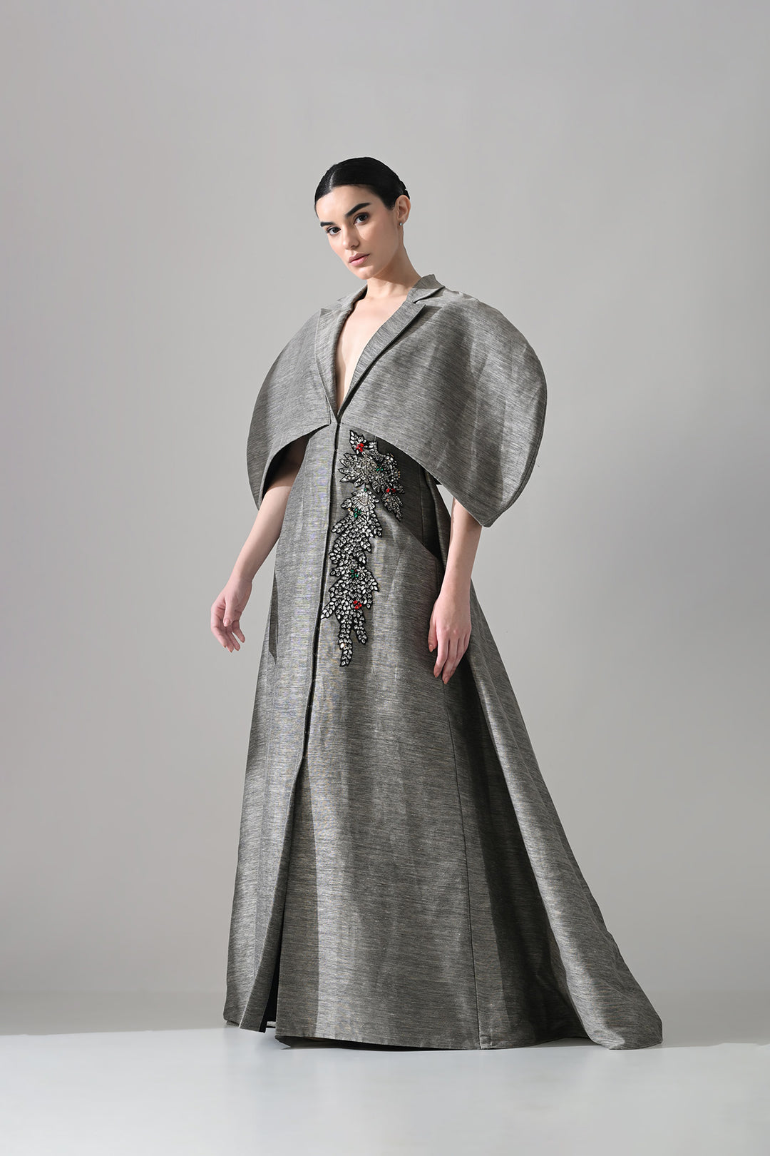 Grey Gown With Cocooned Sleeves And Hand-Embroidered Detail