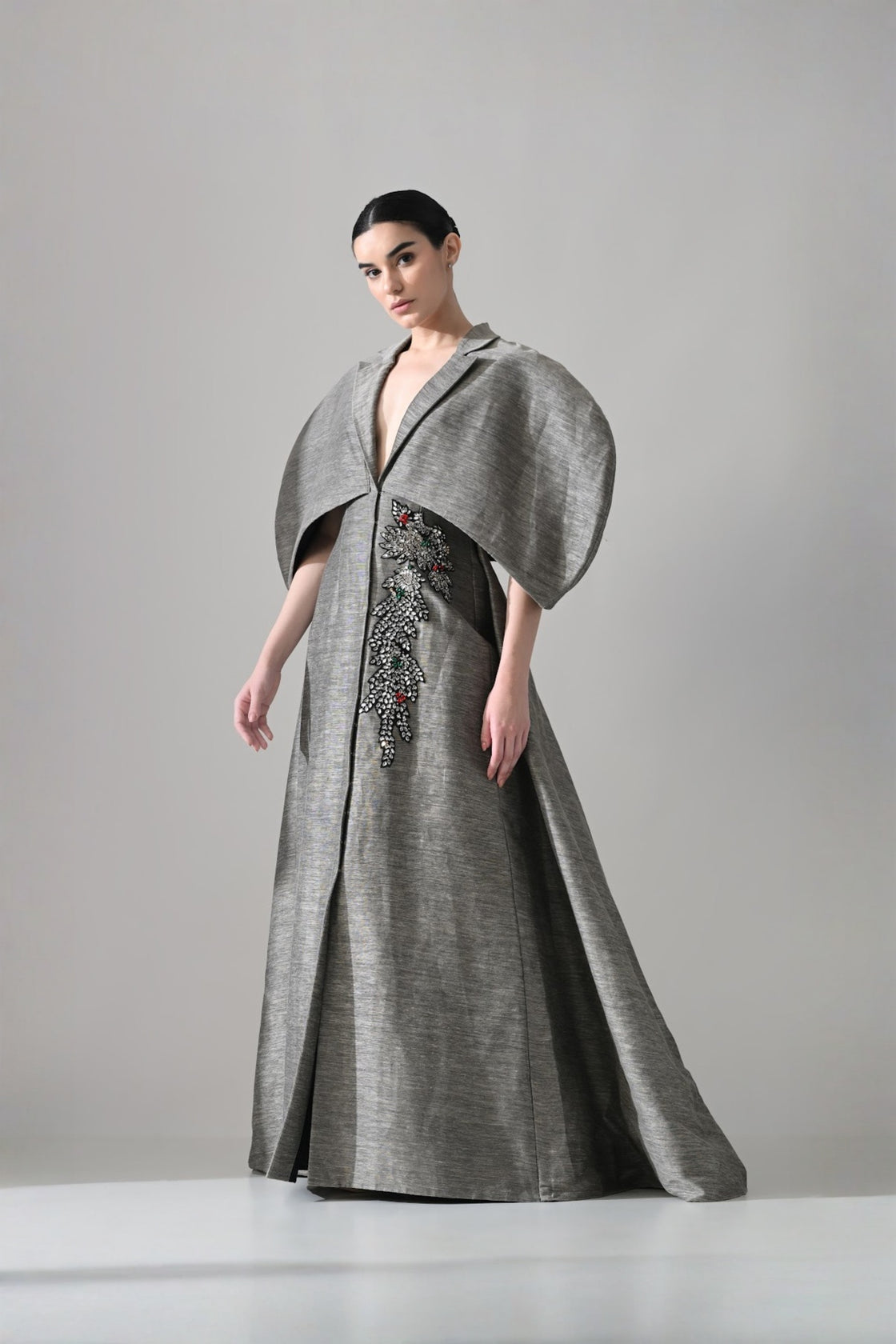Grey Gown With Cocooned Sleeves And Hand-Embroidered Detail