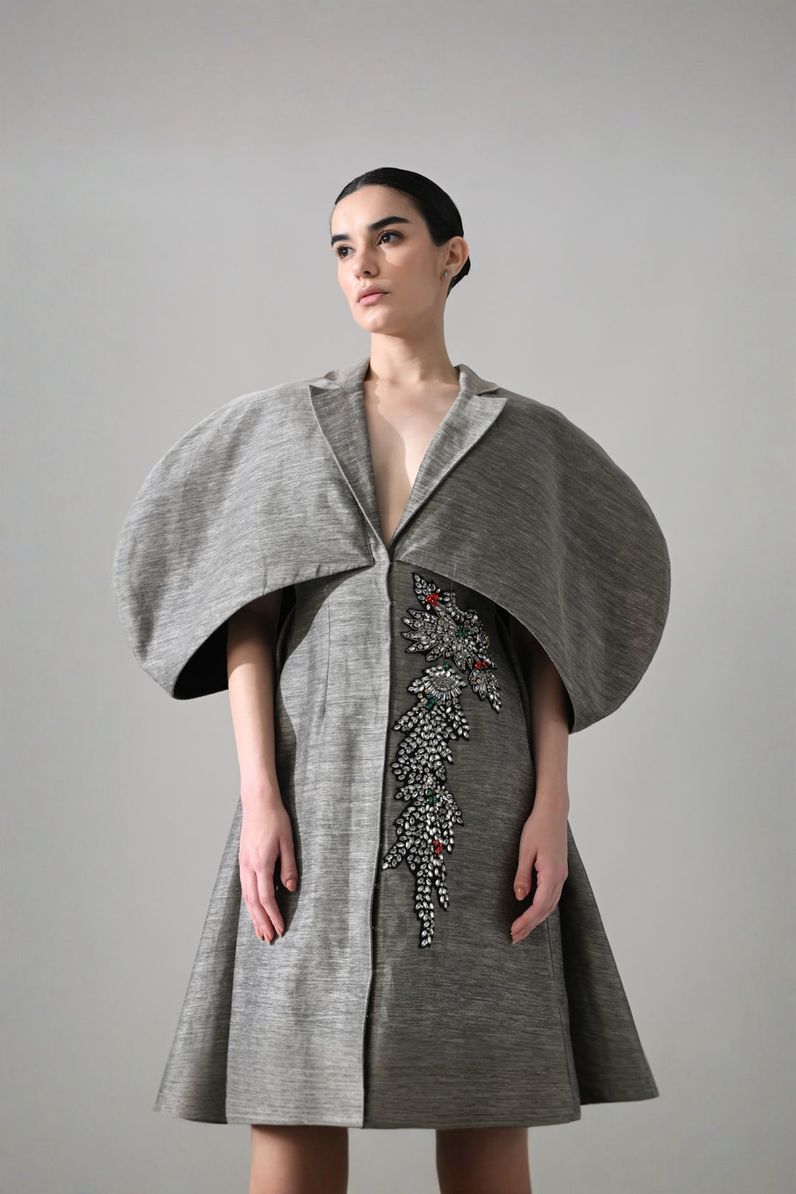 Grey Gown With Cocooned Sleeves And Hand-Embroidered Detail