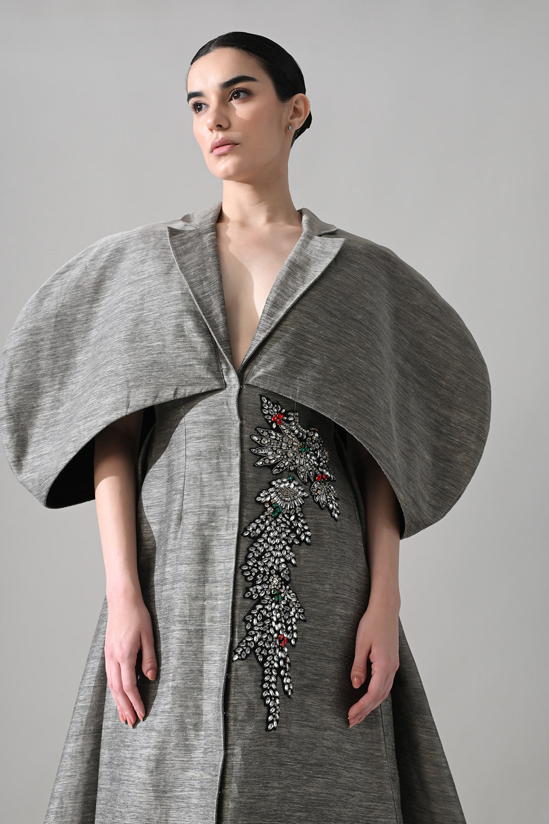 Grey Gown With Cocooned Sleeves And Hand-Embroidered Detail