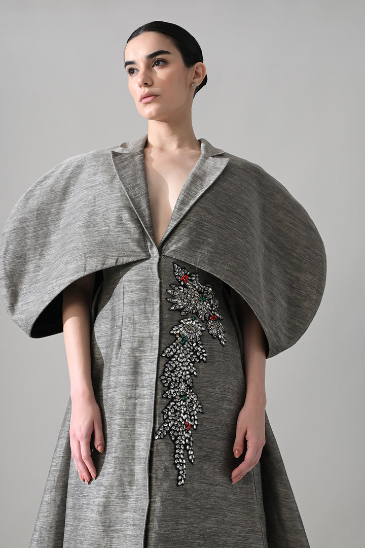 Grey Gown With Cocooned Sleeves And Hand-Embroidered Detail