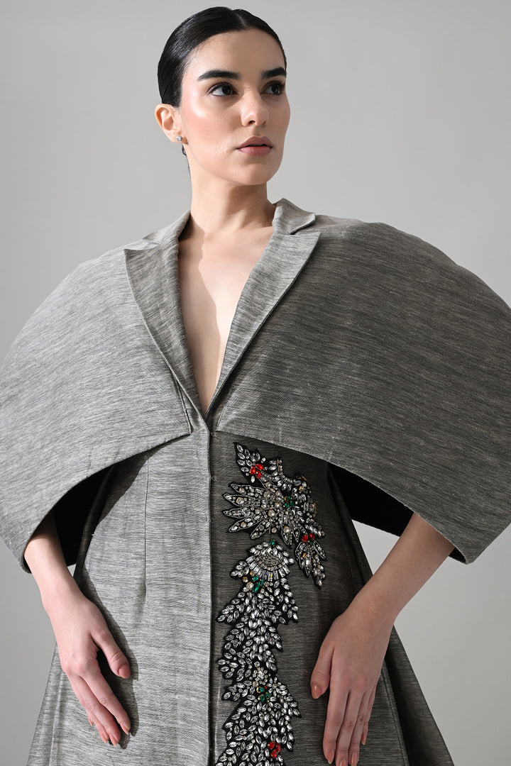 Grey Gown With Cocooned Sleeves And Hand-Embroidered Detail