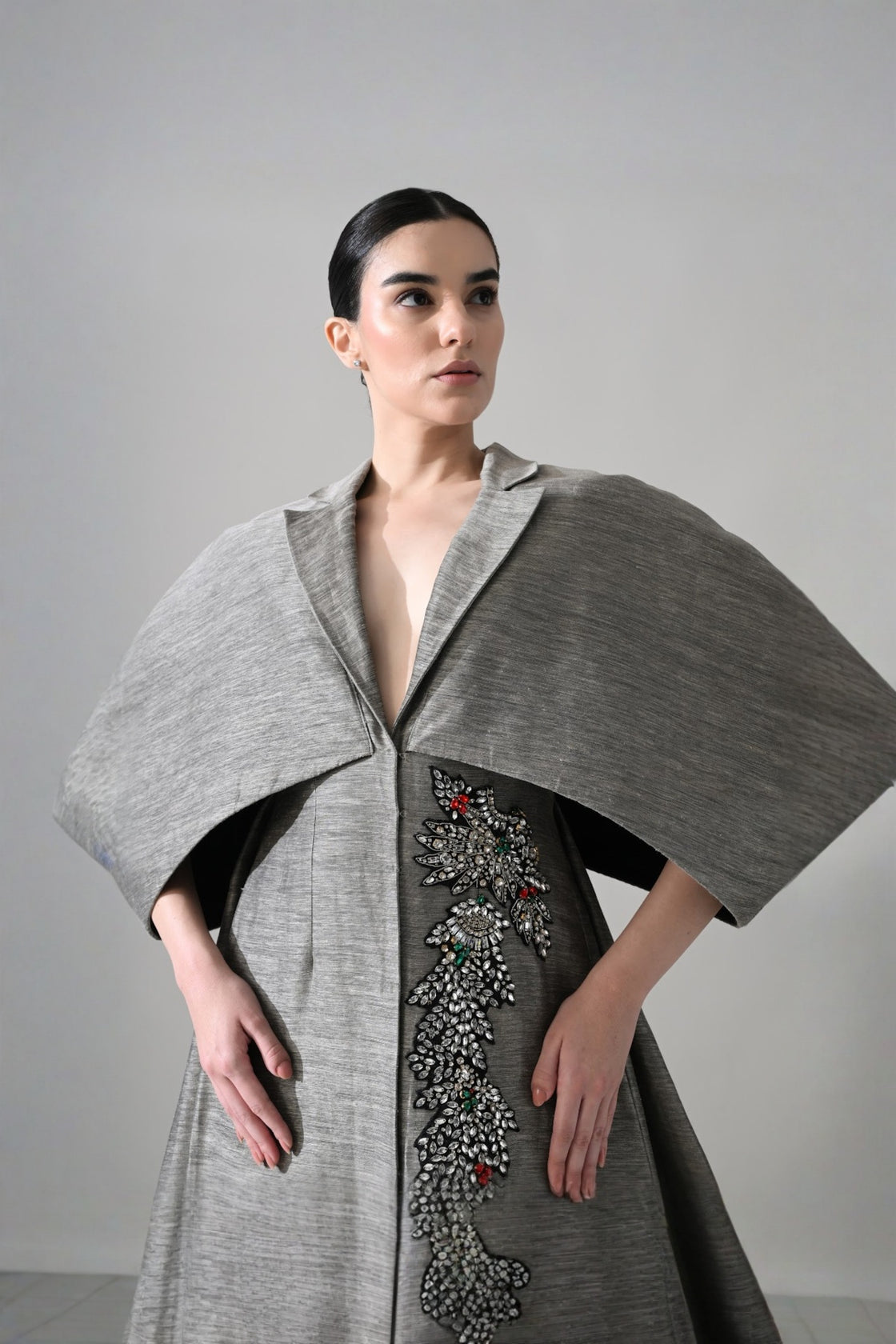Grey Gown With Cocooned Sleeves And Hand-Embroidered Detail