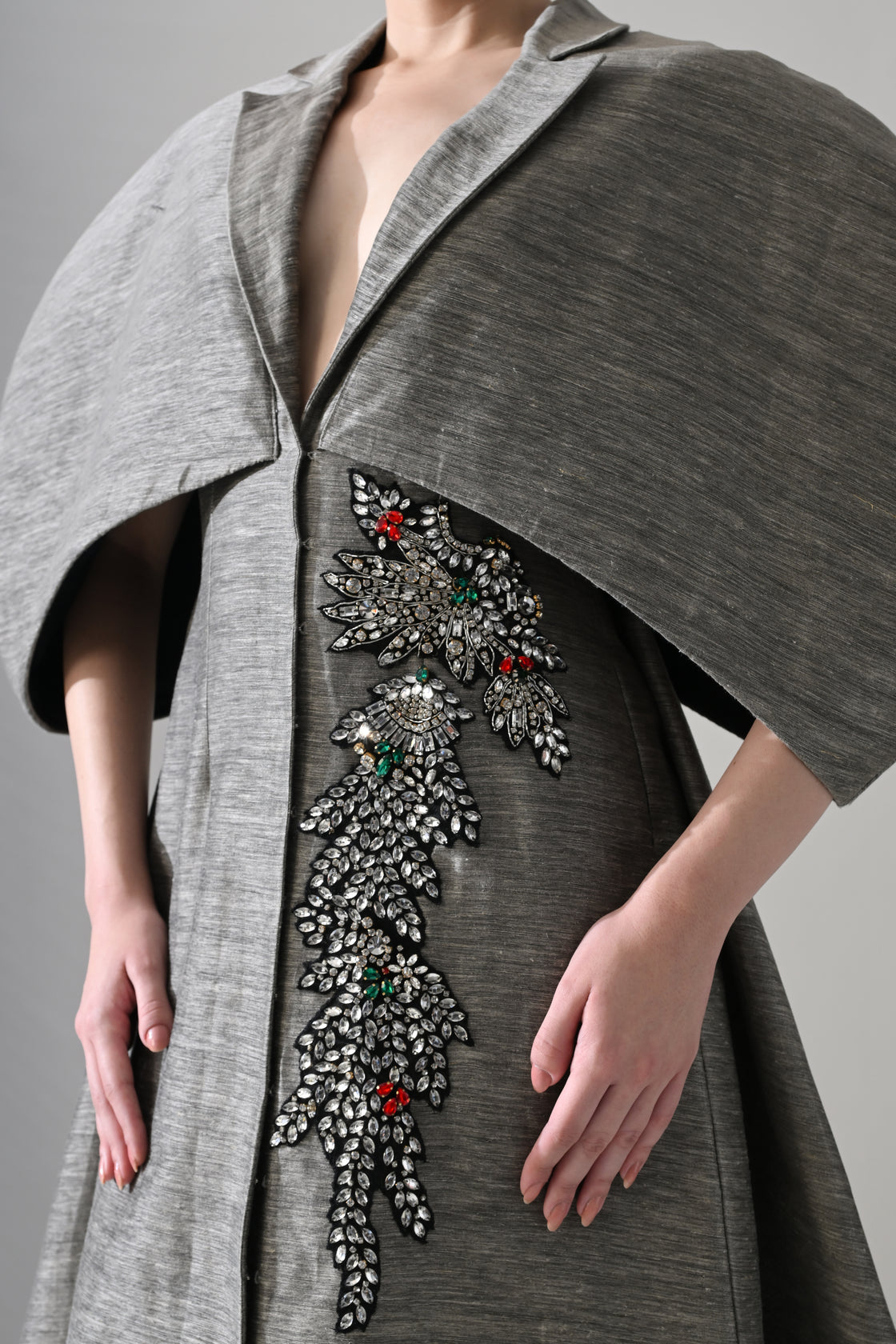 Grey Gown with Cocooned Sleeves and Hand-Embroidered Motif