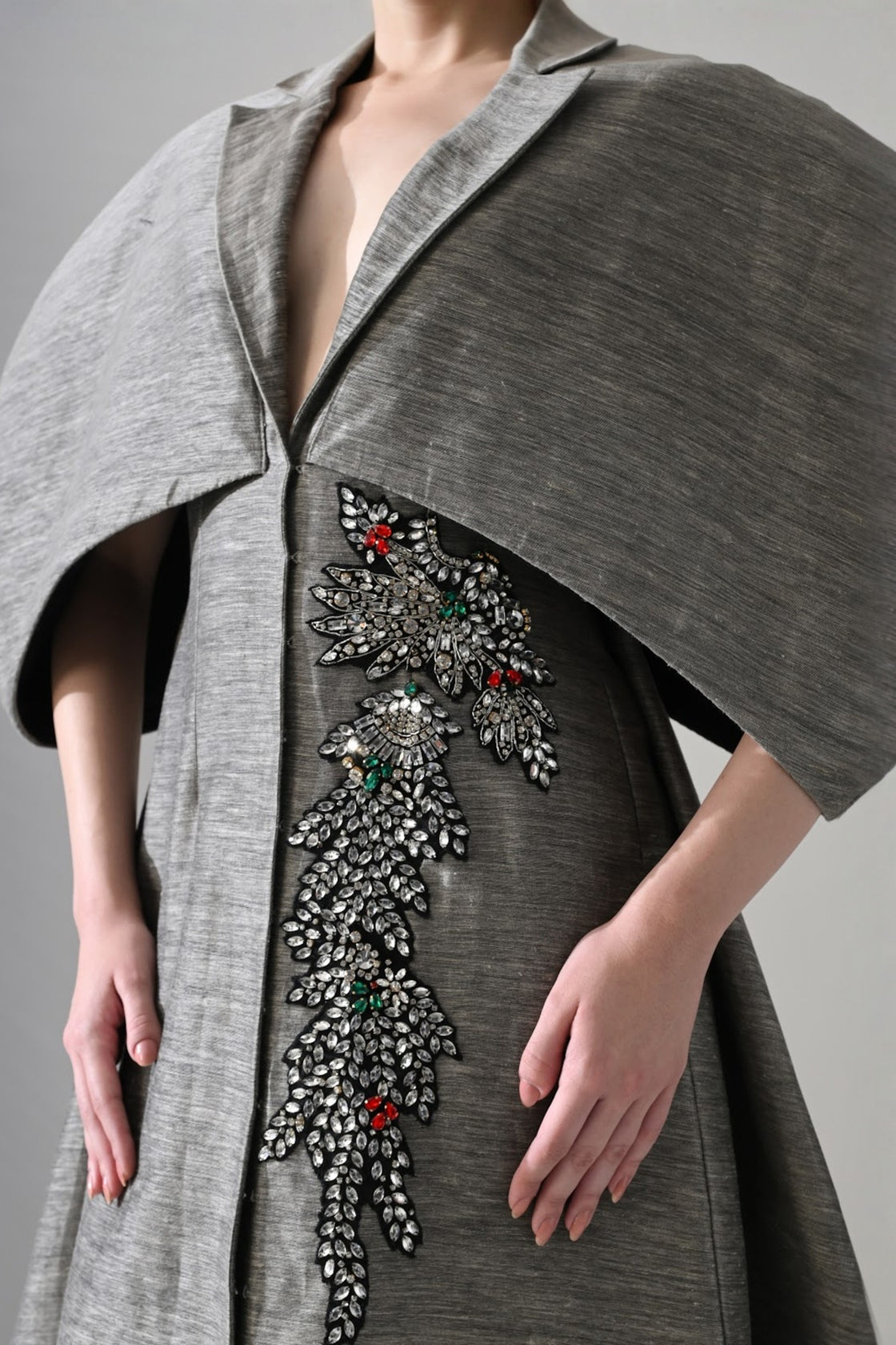 Grey Gown With Cocooned Sleeves And Hand-Embroidered Detail