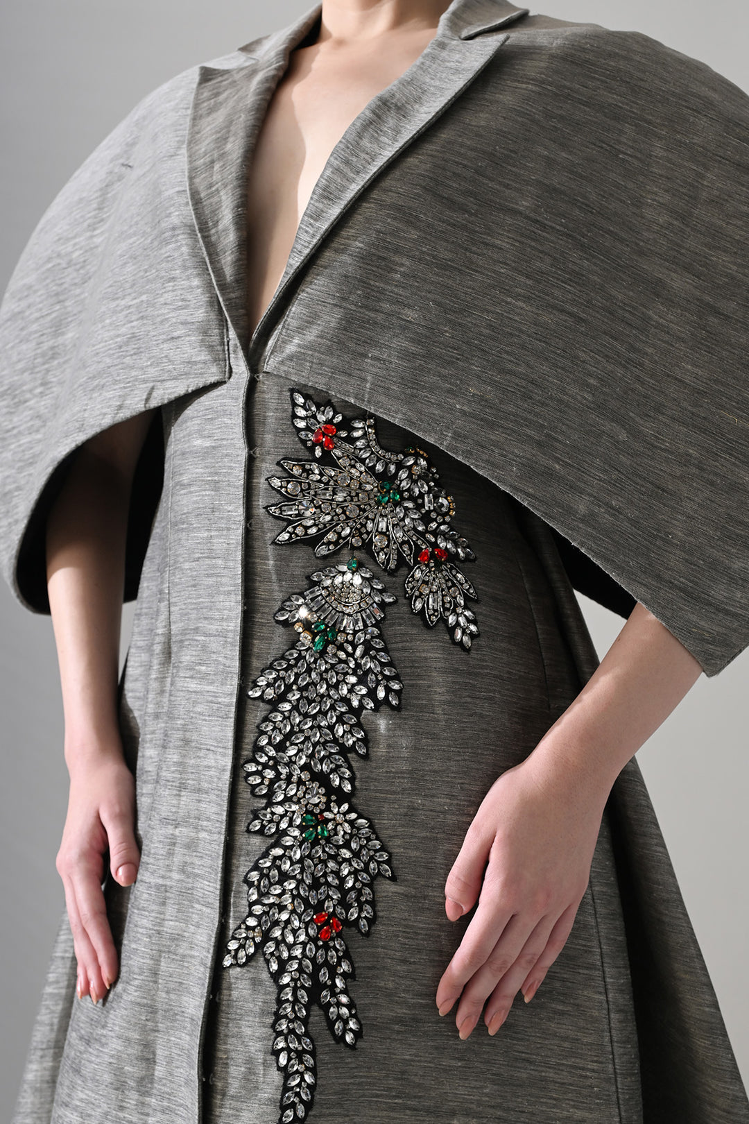 Grey Gown With Cocooned Sleeves And Hand-Embroidered Detail