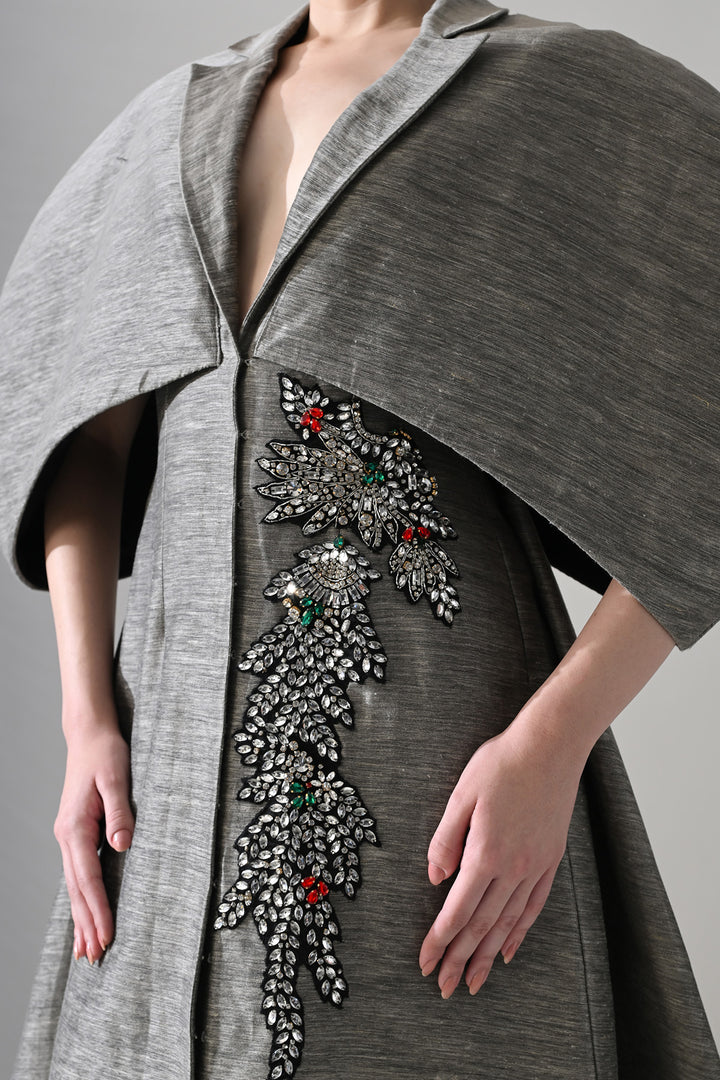 Grey Gown With Cocooned Sleeves And Hand-Embroidered Detail