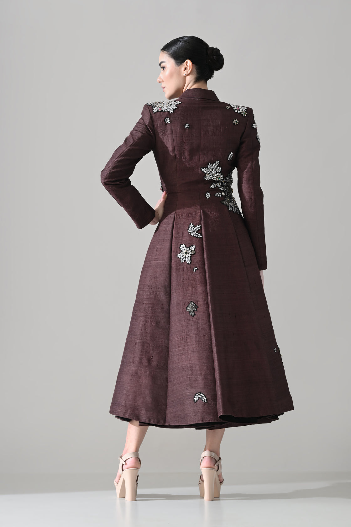 Tailored Wine Coat Dress with Hand-Embroidered Motifs
