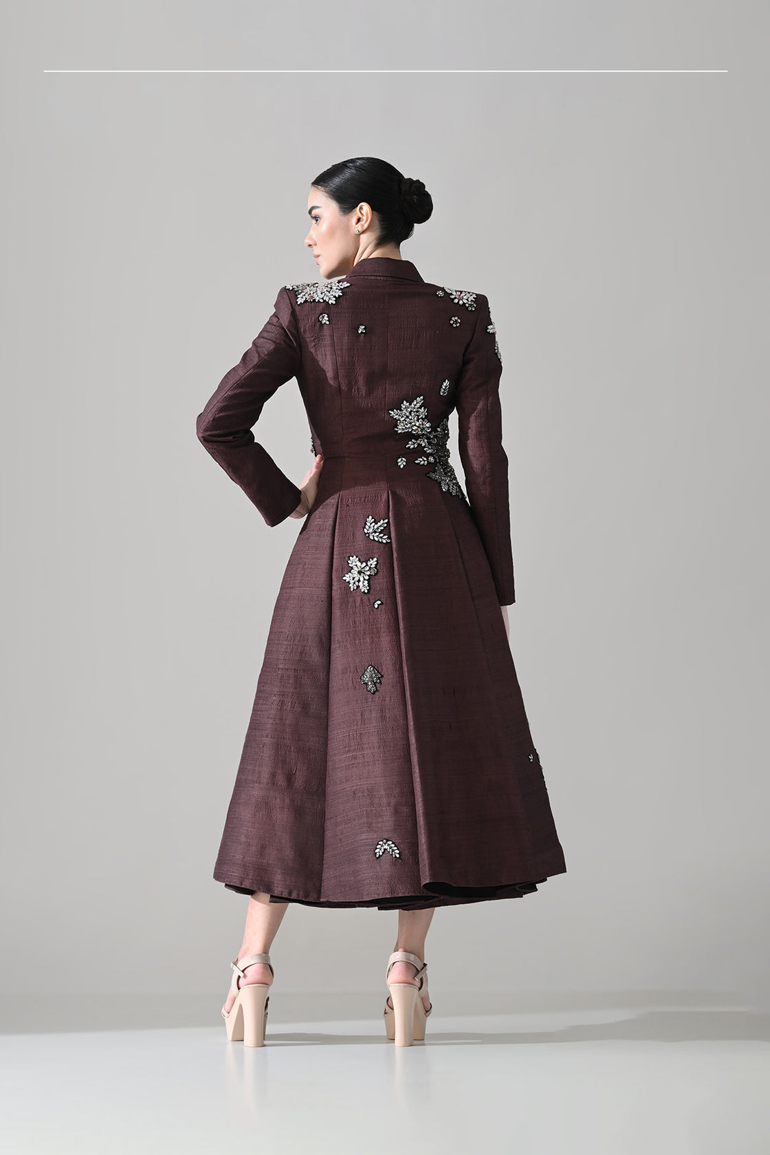 Tailored Wine Coat Dress With Hand-Embroidered Detail