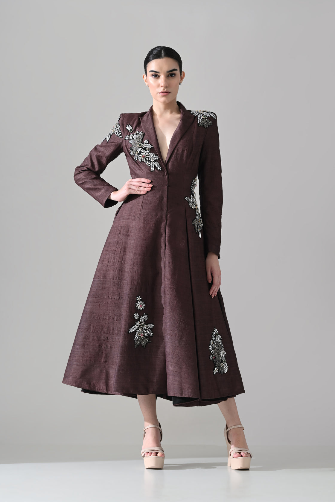 Tailored Wine Coat Dress with Hand-Embroidered Motifs