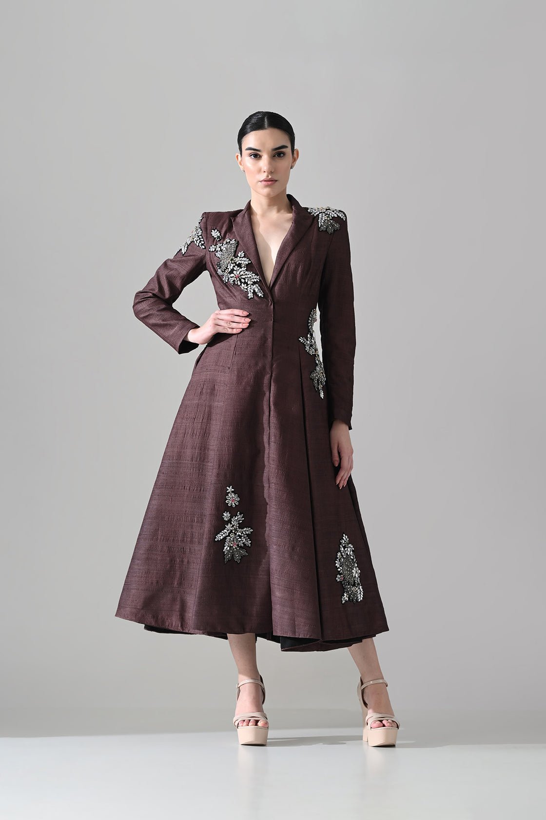 Tailored Wine Coat Dress With Hand-Embroidered Detail