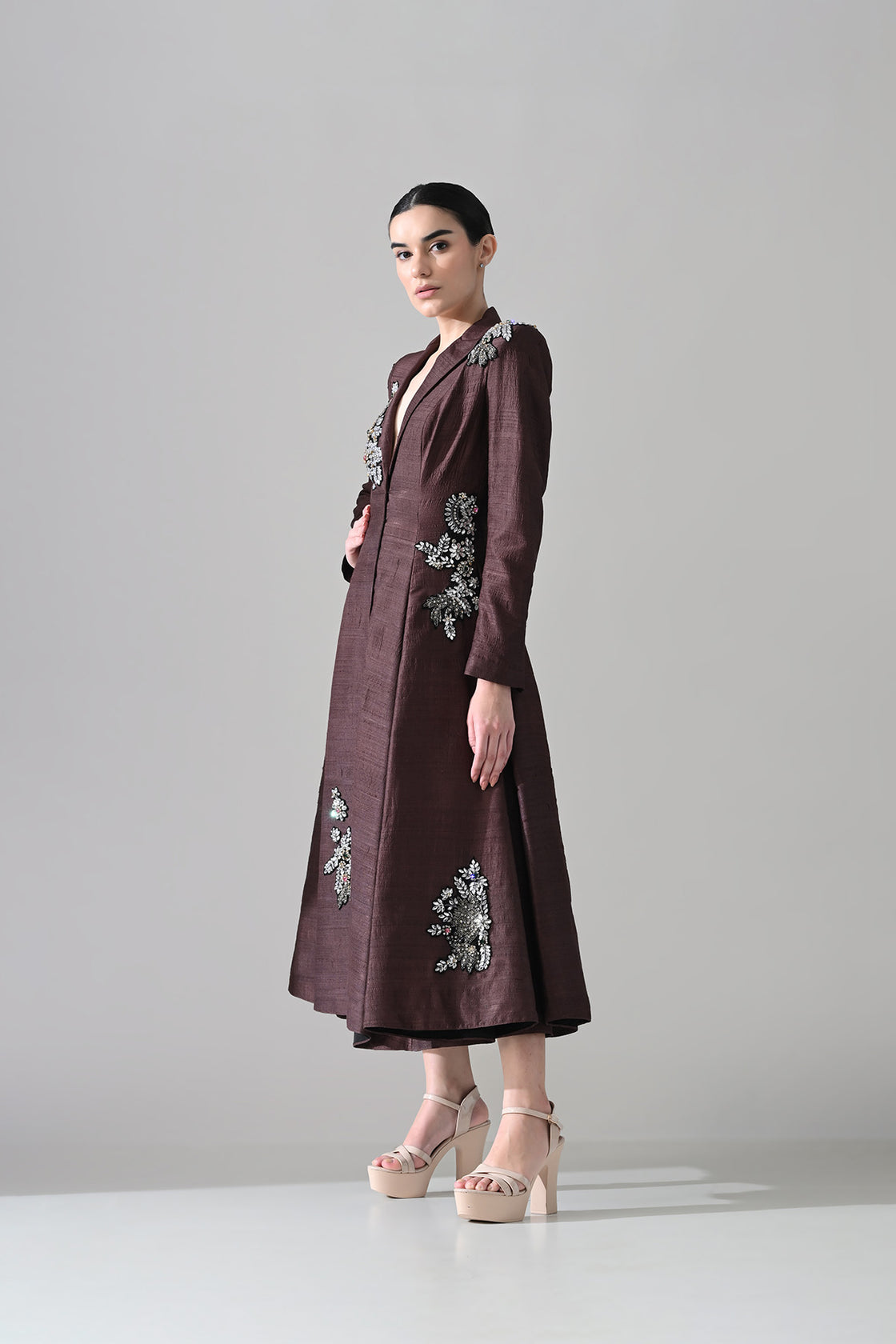 Tailored Wine Coat Dress With Hand-Embroidered Detail