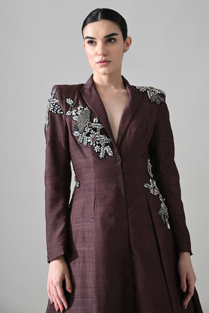 Tailored Wine Coat Dress With Hand-Embroidered Detail