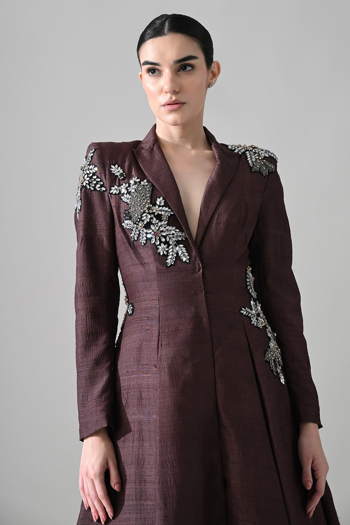 Tailored Wine Coat Dress With Hand-Embroidered Detail