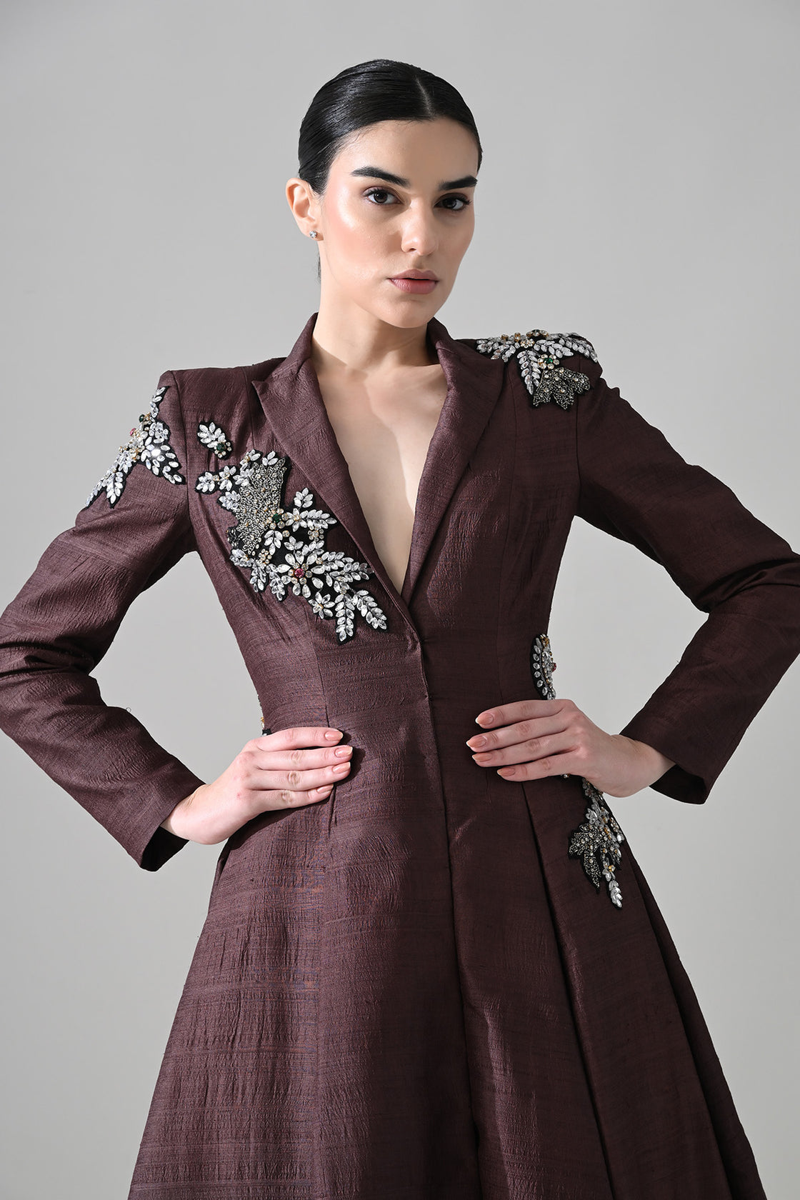 Tailored Wine Coat Dress With Hand-Embroidered Detail