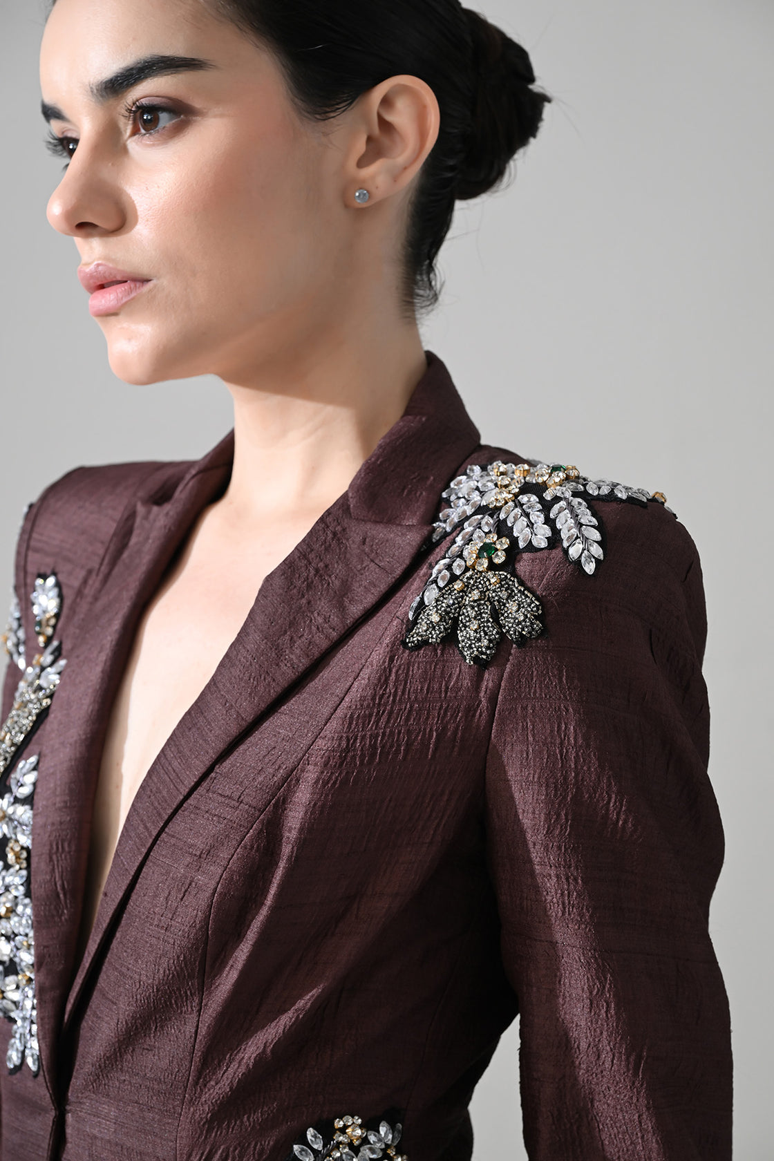 Tailored Wine Coat Dress With Hand-Embroidered Detail