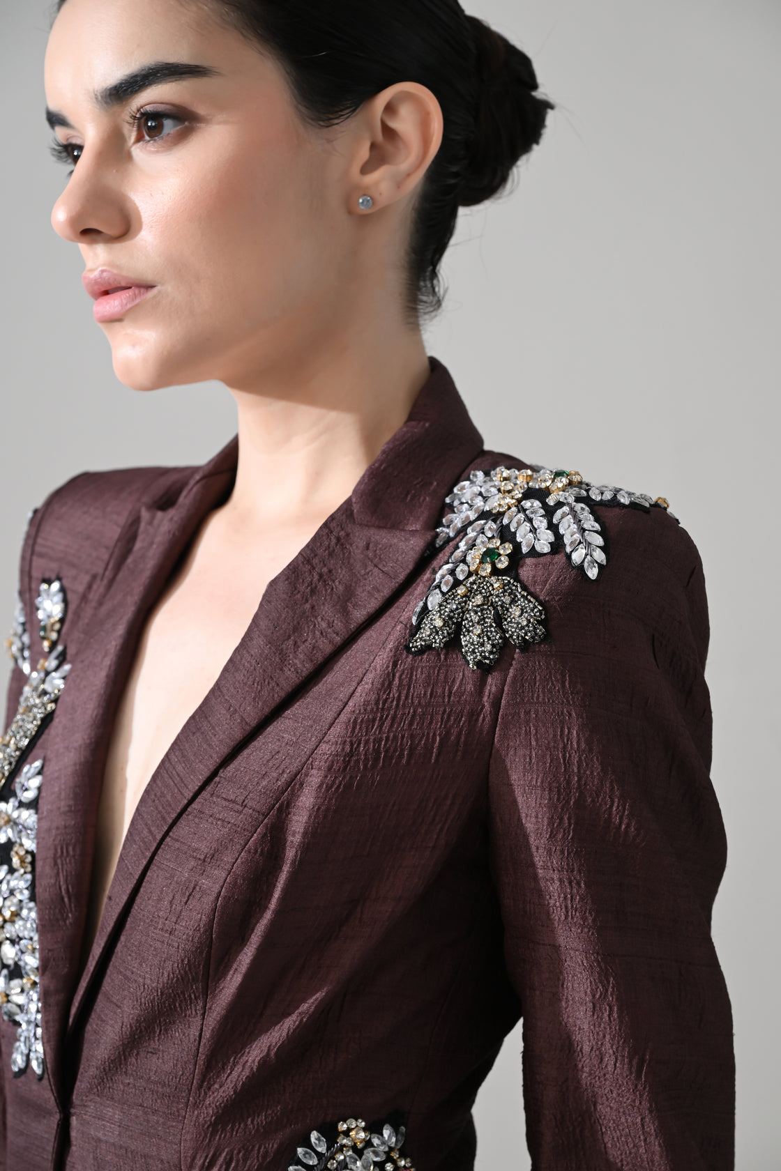 Tailored Wine Coat Dress with Hand-Embroidered Motifs