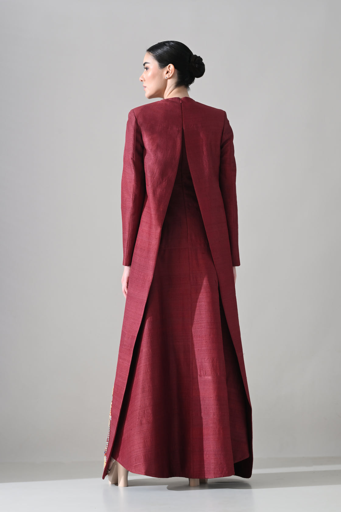 Structured Crimson Dress with Embroidered Panel