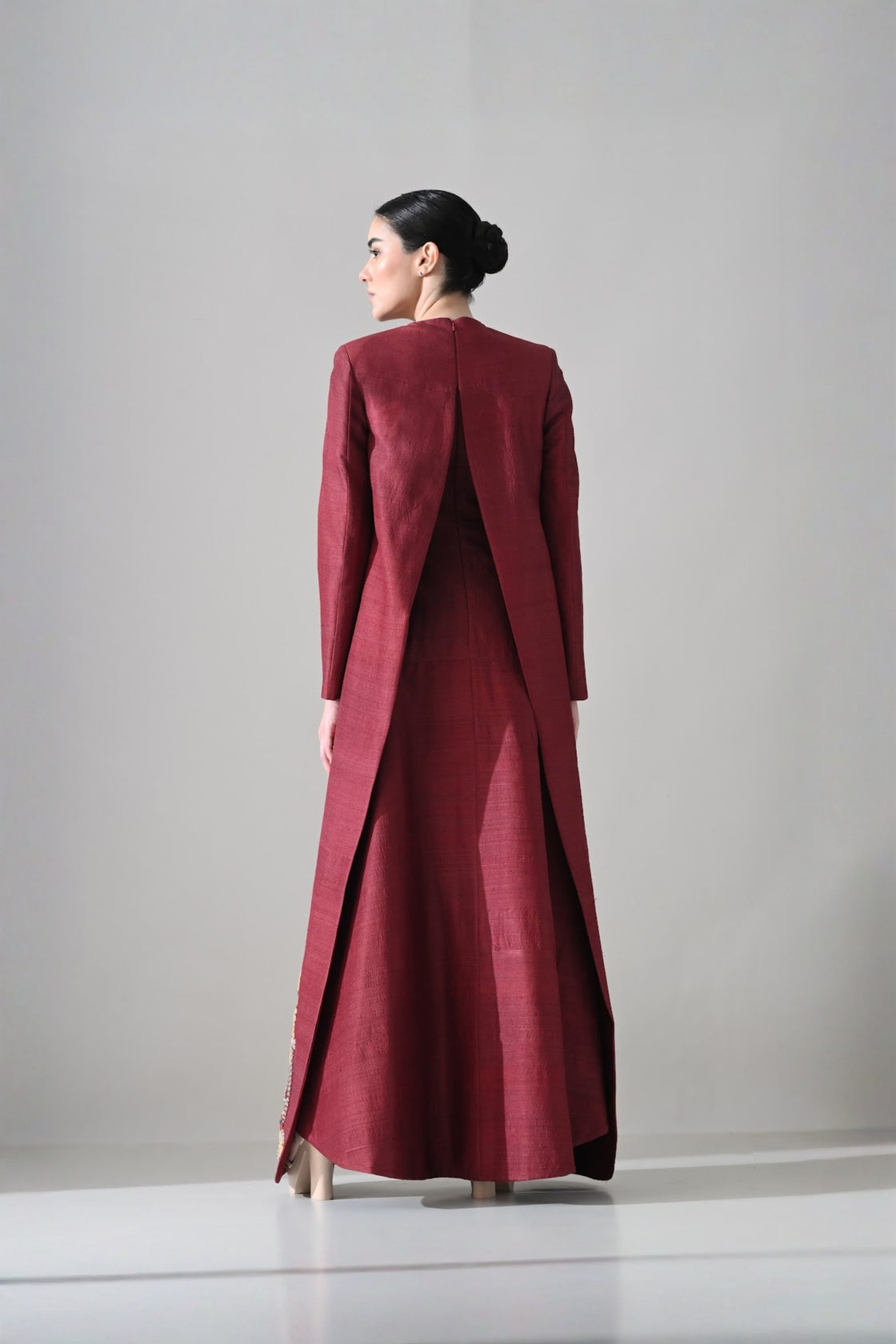 Crimson Structured Embroidered Long Dress