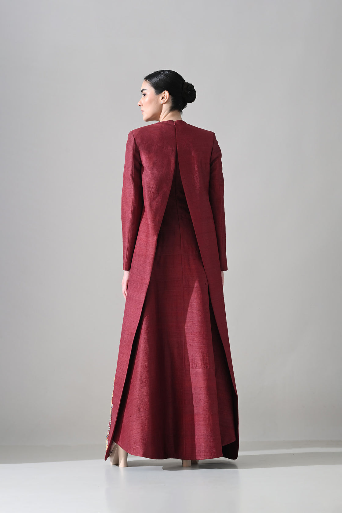 Crimson Structured Embroidered Long Dress