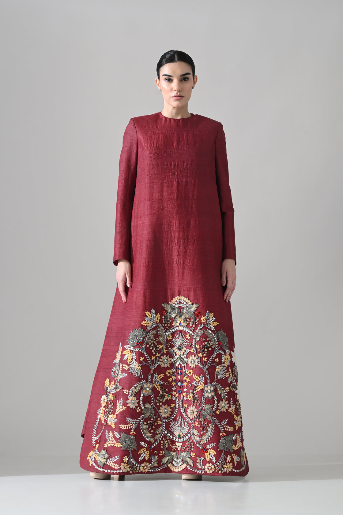 Structured Crimson Dress with Embroidered Panel