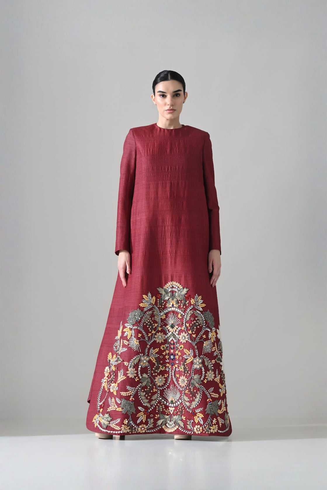 Crimson Structured Embroidered Long Dress